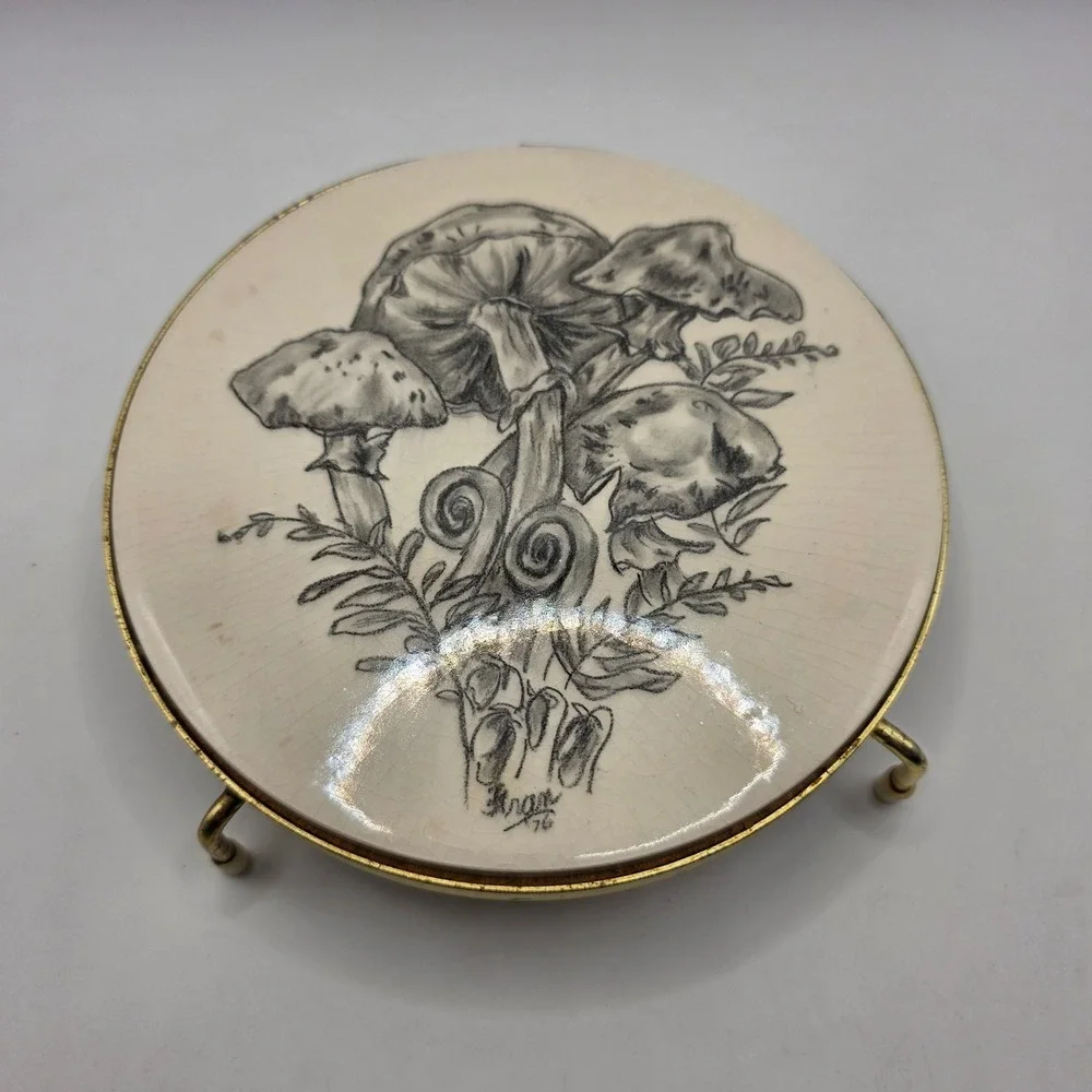 Vintage 1976 Fran Artist Signed Mushroom Fern Ceramic Footed Trivet 6 Inch Round